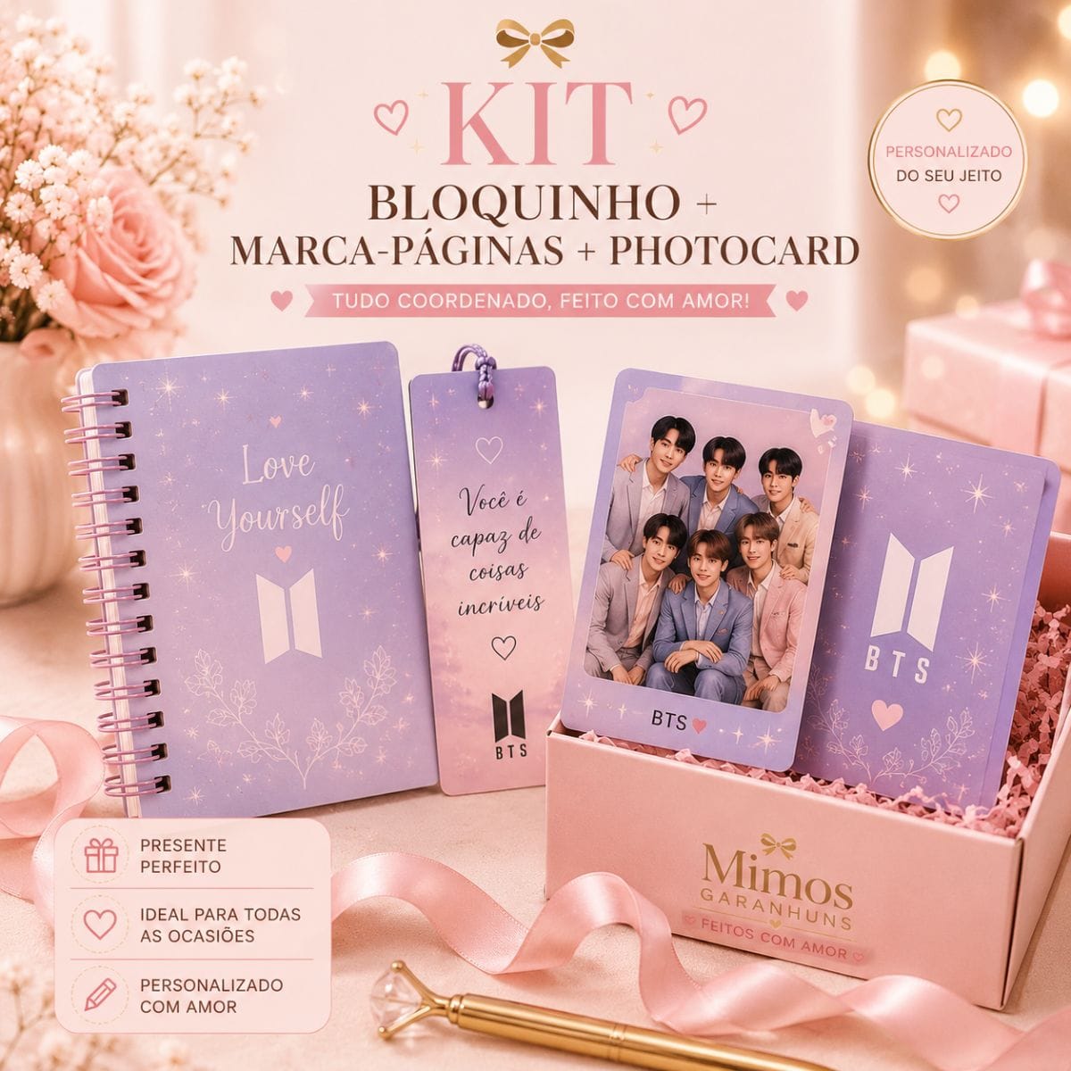 Kit Premium Personalizado – Bloquinho + Marca-páginas + Photocard