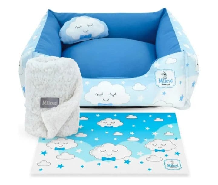 Cama Pet Oxford + Coberdrom + Tapete Estampado 04 Peças - Nuvem Azul - Vip 1