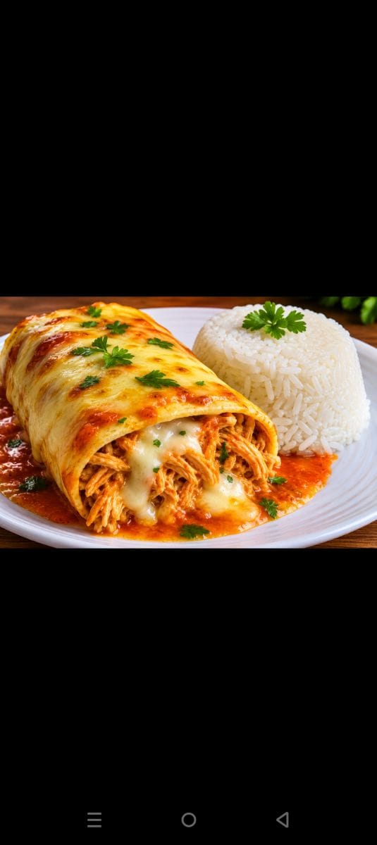 Panqueca de frango bem recheada + porção de arroz soltinho
